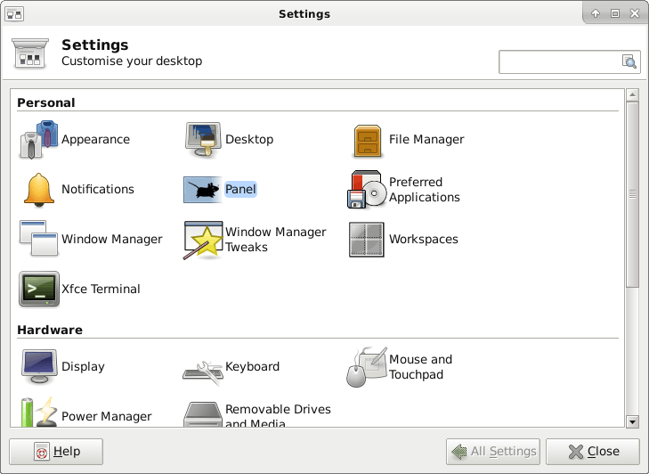 Settings Manager -> Panel