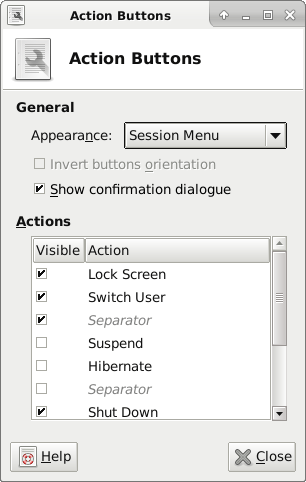 Panel -> Items Tab -> Action Buttons line -> Uncheck Suspend / Hibernate