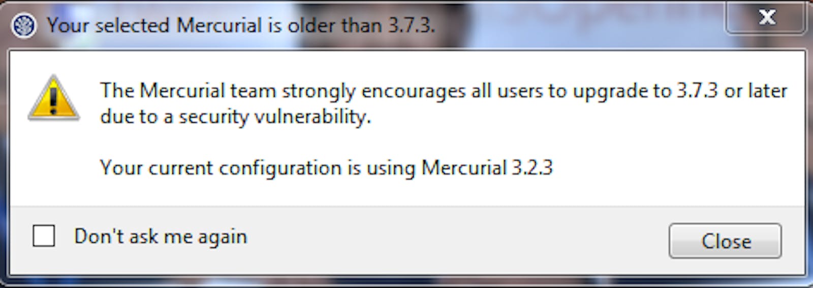 SourceTree Issue: The Mercurial team strongly encourages all users to upgrade to 3.7.3 due to security vulnerability
