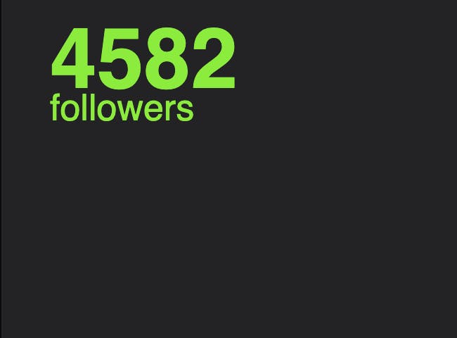 Still screenshot of counter: "4582 followers" appears with green text and dark grey background
