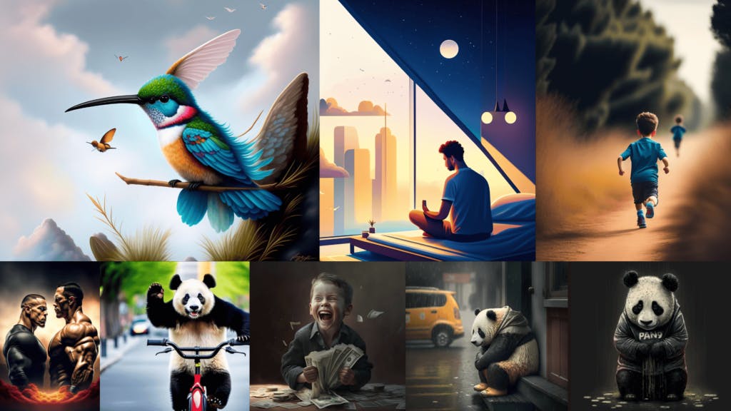 One bird, 3 pandas, 3 boys, One boy happy to make money, one boy running, one boy meditating, One panda cycle, John cena and rock