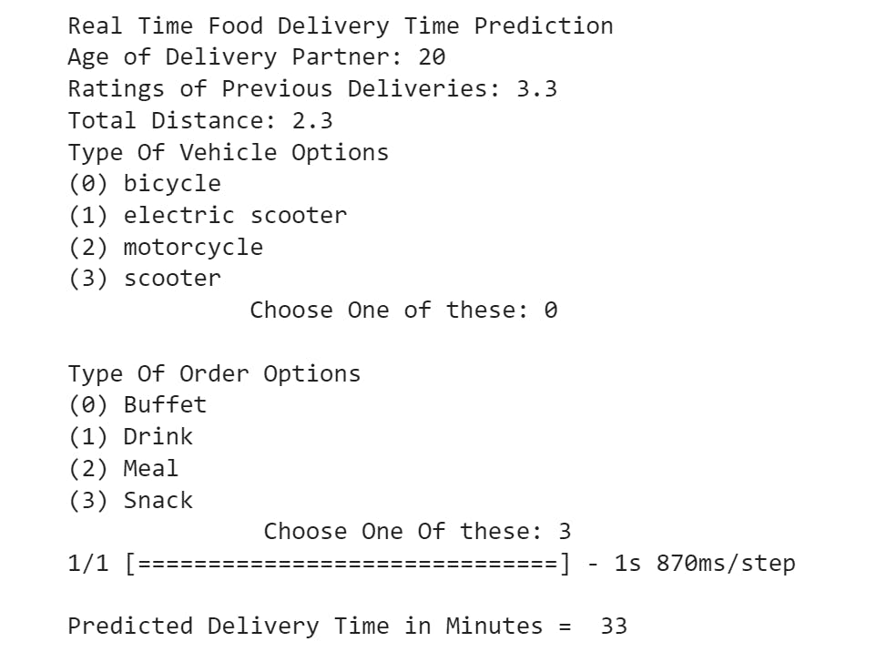 Food delivery time predicton output in Google colab in my deep learning model