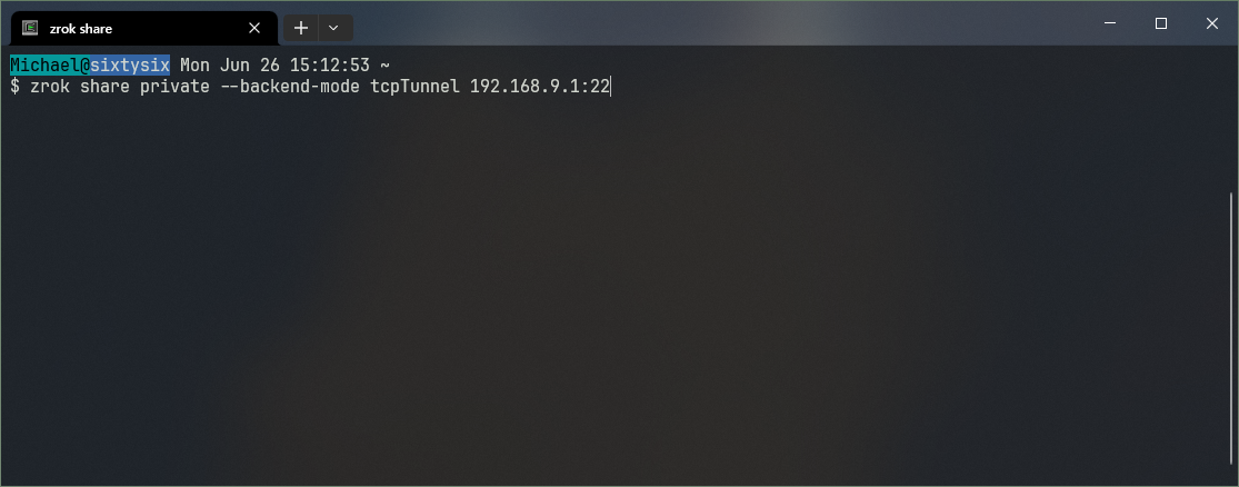 `zrok share` command for creating a TCP tunnel.