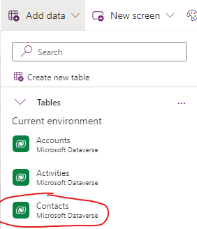 Add data menu with Contacts table circled