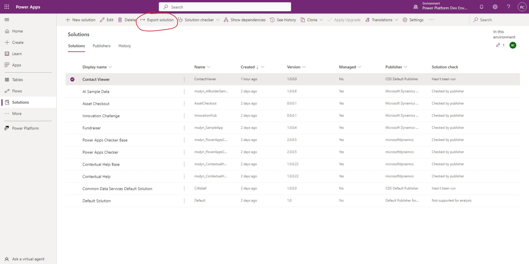 Power Apps Admin Center with Export solution circled