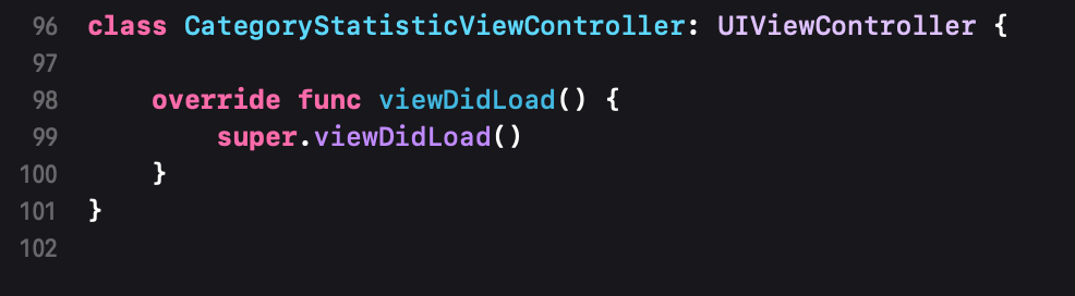 class CategoryStatisticViewController: UIViewController {          override func viewDidLoad() {         super.viewDidLoad()     } }