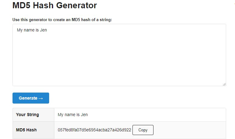 An MD5 Hash Generator website, which has generated an MD5 hash for the text "My name is Jen"