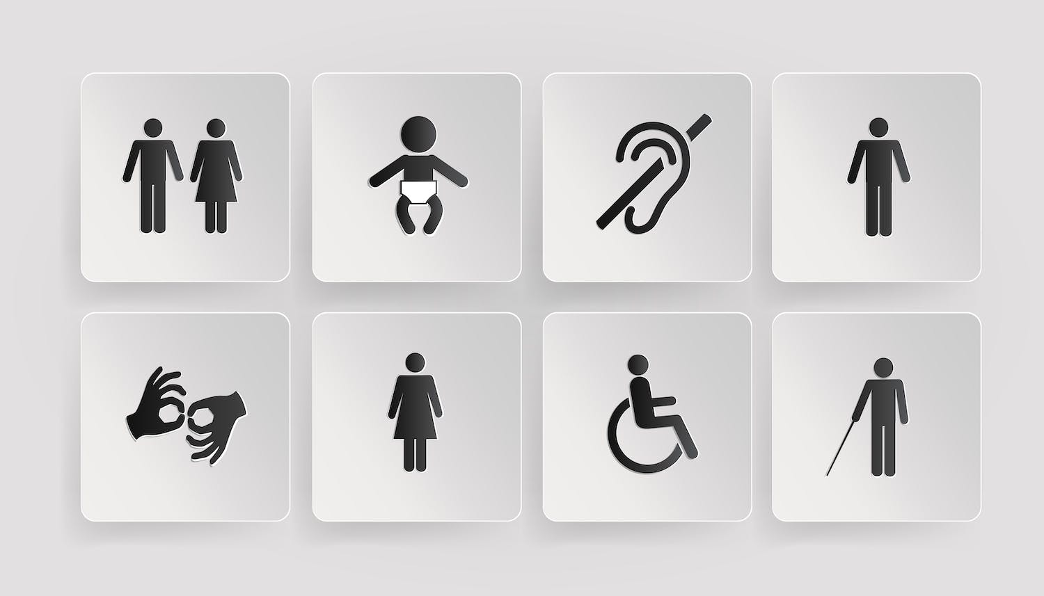 Pictograms of of disabled, toilets, baby and mother room