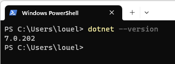 Powershell terminal. 'dotnet --version' was typed in and the result is '7.0.202'. This shows that .NET 7 is installed on the machine.
