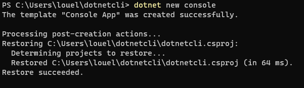 'dotnet new console' was used. The result is some text that says 'the template Console App was created successfully'