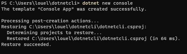 'dotnet new console' was used. The result is some text that says 'the template Console App was created successfully'