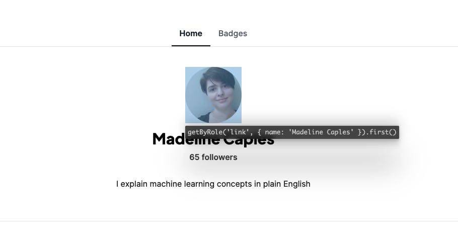 Screenshot of my blog homepage with locator appearing on hover over my image. Locator reads as follows: getByRole('link', { name: 'Madeline Caples' }).first()