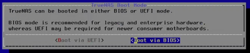 TrueNAS boot loader mode selection (Legacy BIOS vs. UEFI)