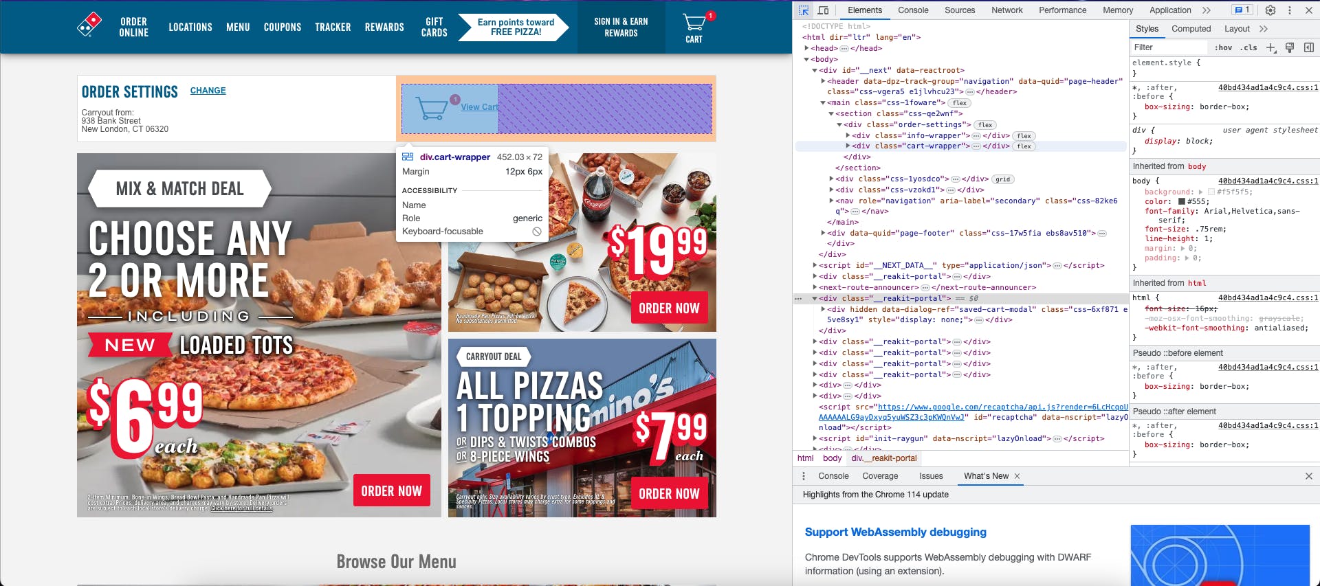 Screenshot of Chrome developer tools open, with the element selector hovering over div.cart-wrapper on Domino's website