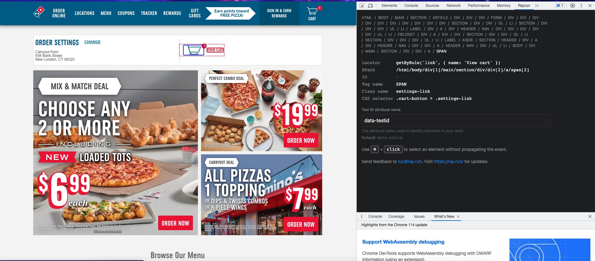 Screenshot of Domino's website with developer tab open displaying Rayrun extension which is showing selectors for the Cart button