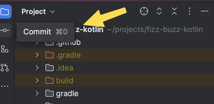 Screenshot of IntelliJ IDEA showing how to access the Commit section through the side menu