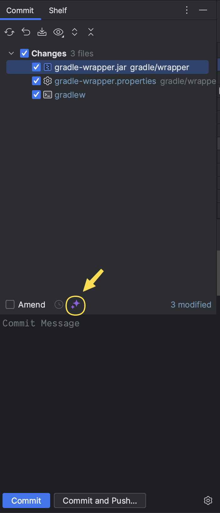 Screenshot of the Commit section of IntelliJ IDEA highlighting the purple stars to use the assistant when writing commit messages
