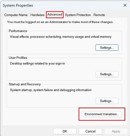 Advance tab in the System Properties dialog box on Windows