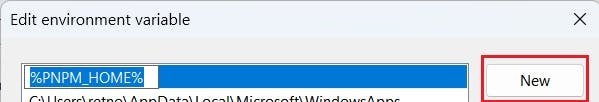 User variable dialog box on Windows