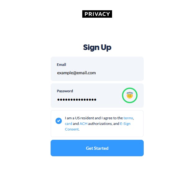 Privacy.com sign up page