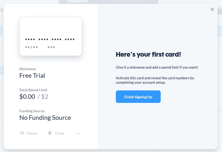 Privacy.com "Free Trial" card created