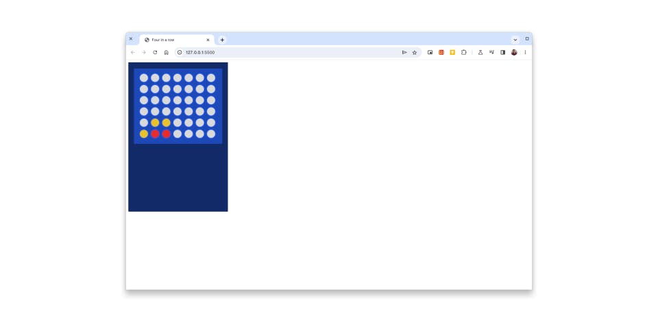 Canvas in a browser featuring a board with slots with a few slots around the bottom left filled with yellow and red tokens