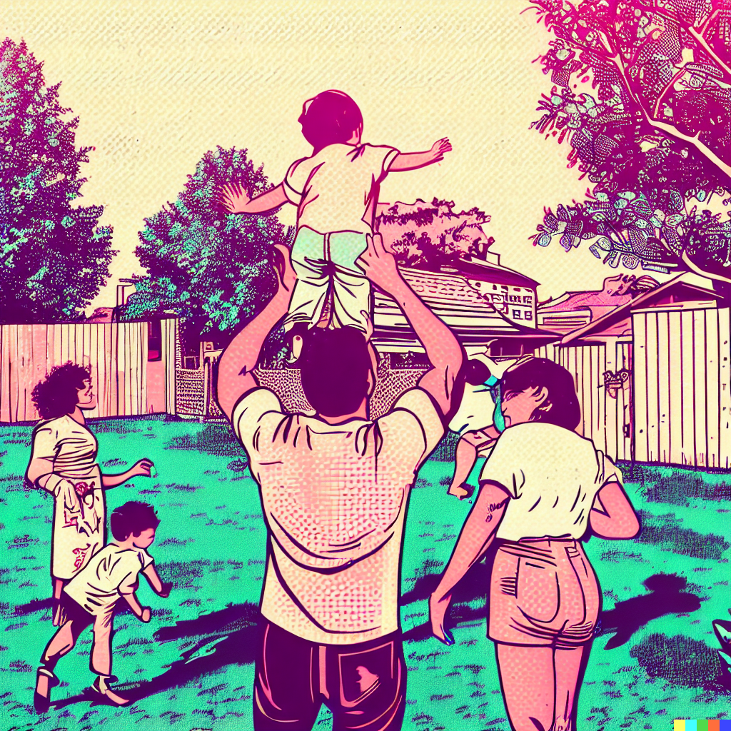 A DALL-E 2 (Experimental) generated image with the prompt "a family playing around with a kid on a dad's shoulders in the backyard" with a comic aesthetic which was used as this article's header image; just because an article without an image looks pretty bad on the homepage