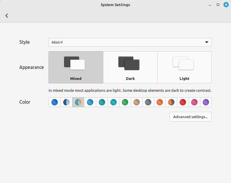 In Linux Mint 21.2 you can easily customize the look of the interface by choosing a style, a dark, light, or mixed mode and an accent color.