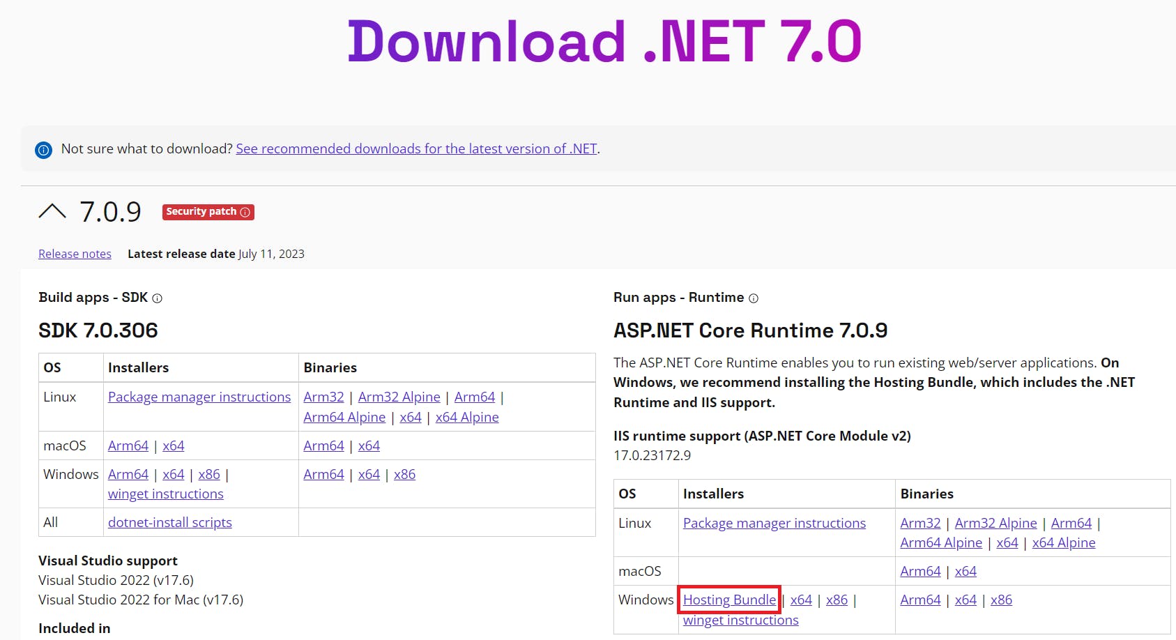 Downloading the ASP.NET Core Hosting Bundle 7.0