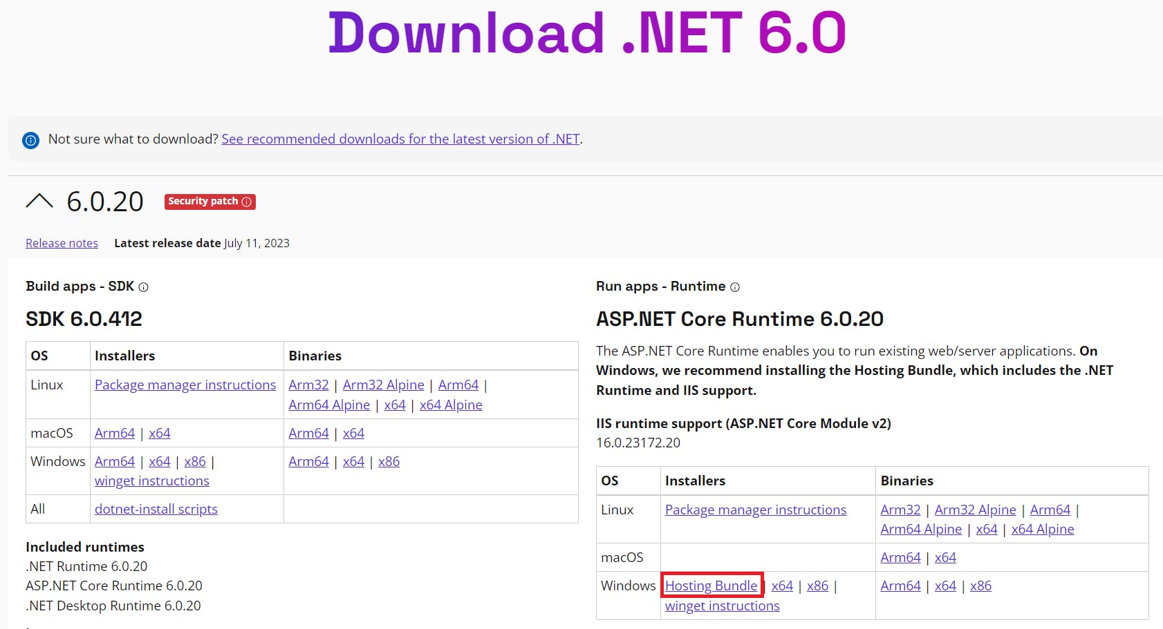Downloading the ASP.NET Core Hosting Bundle 6.0