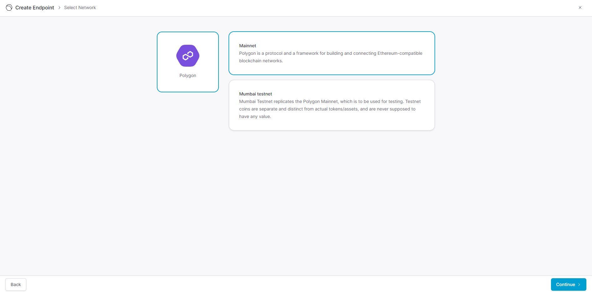Screenshot of the QuickNode platform to select the desired version of the blockchain