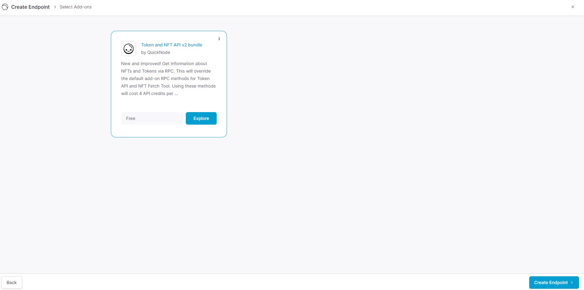 Screenshot of the QuickNode platform where we activate the nft api v2 bundle to retrieve the information from our nfts