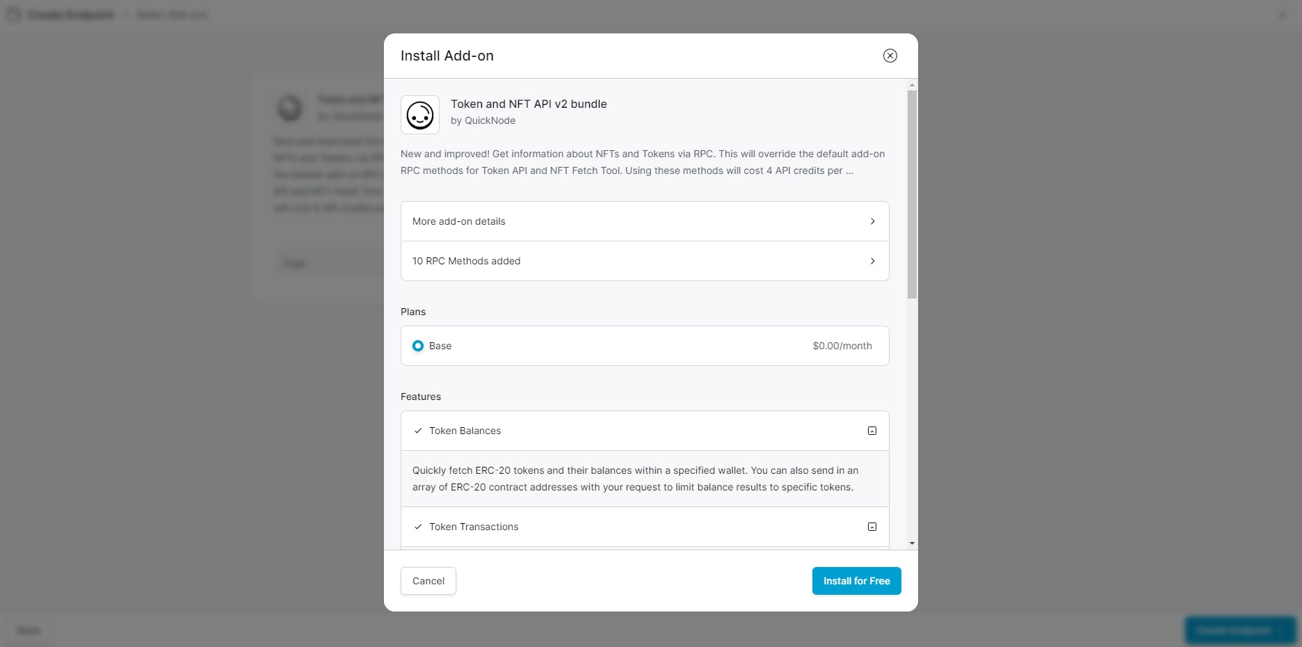 Screenshot of the QuickNode platform where we install the nft plugin