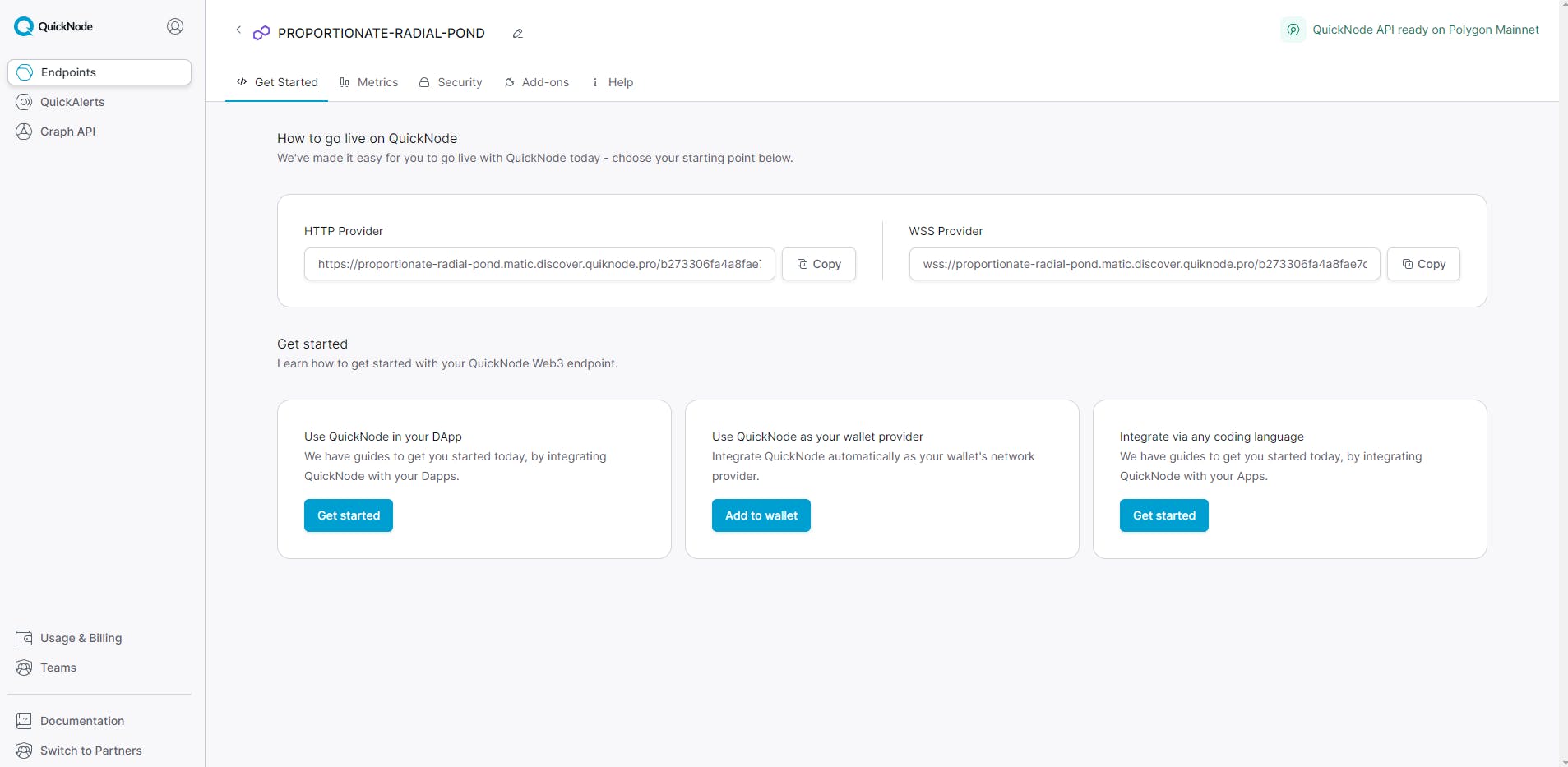 Screenshot of the QuickNode platform to copy our RPC from the desired blockchain