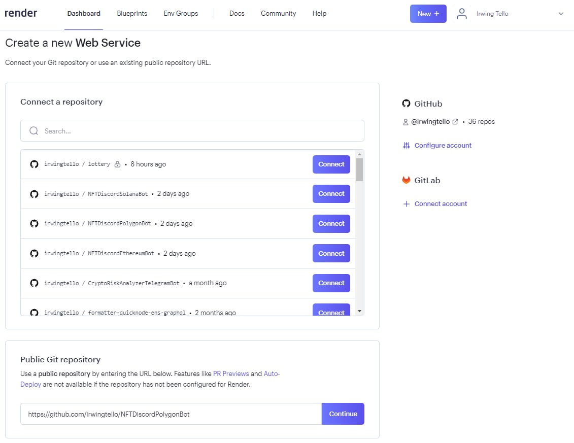 Dashboard from render.com to obtain the code from the bot, and subsequently, perform the necessary configuration tasks