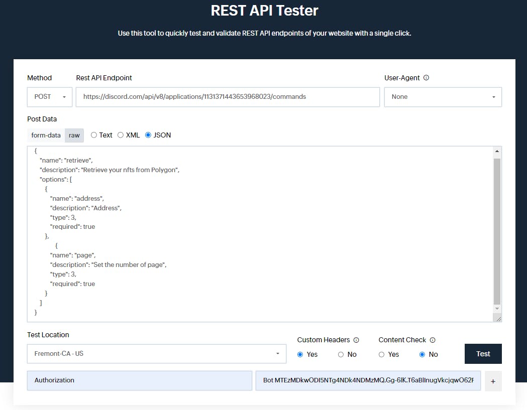 Creating the command "/retrieve" on https://www.site24x7.com/tools/restapi-tester.html