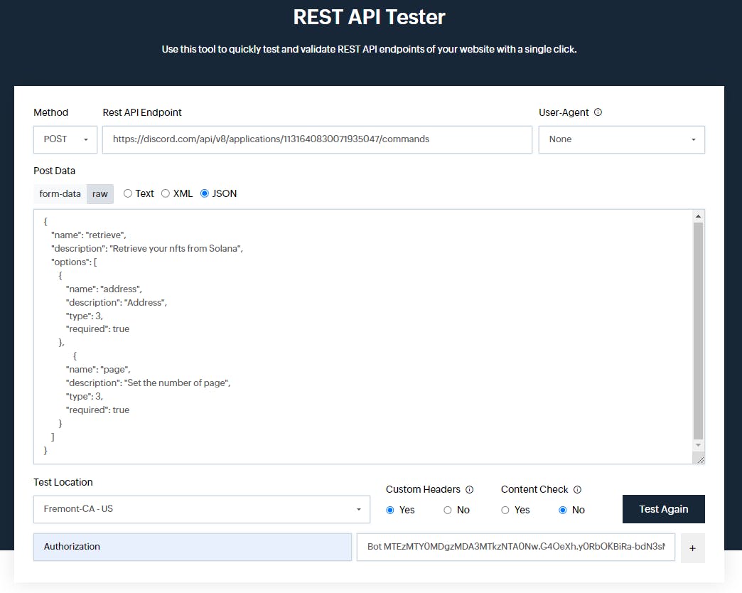 Creating the command "/retrieve" on https://www.site24x7.com/tools/restapi-tester.html