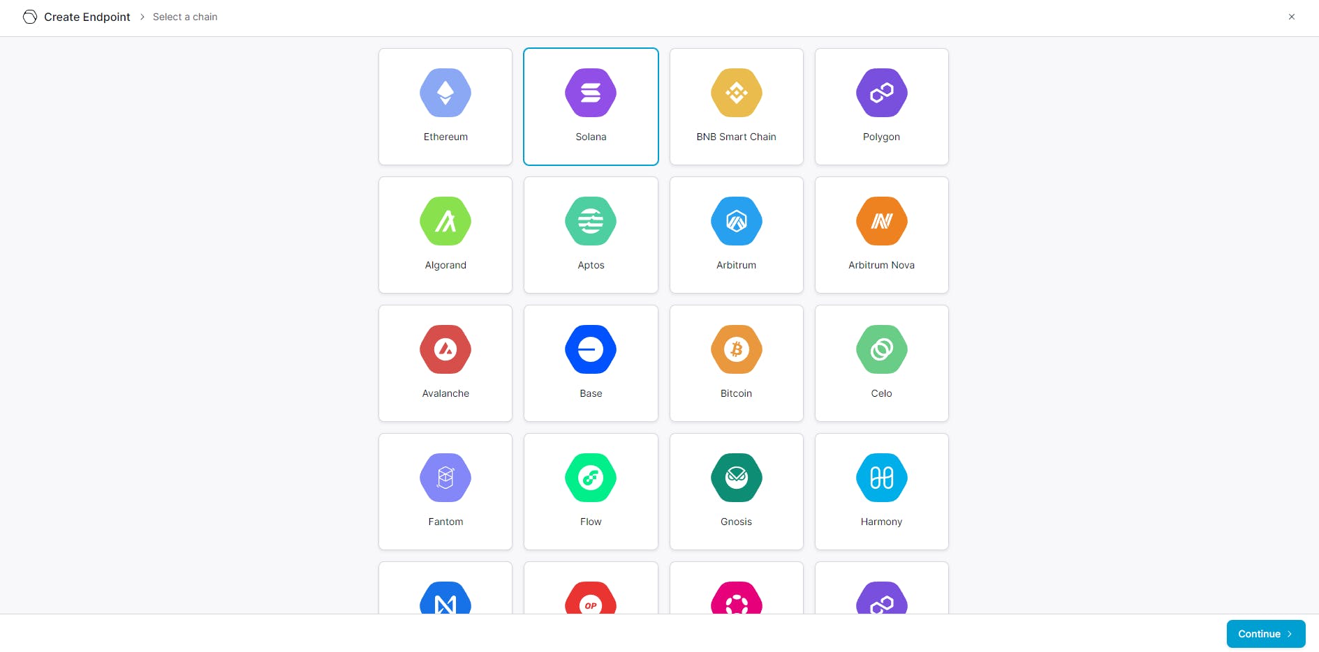 Screenshot of the QuickNode platform to select the desired blockchain to obtain our RPC