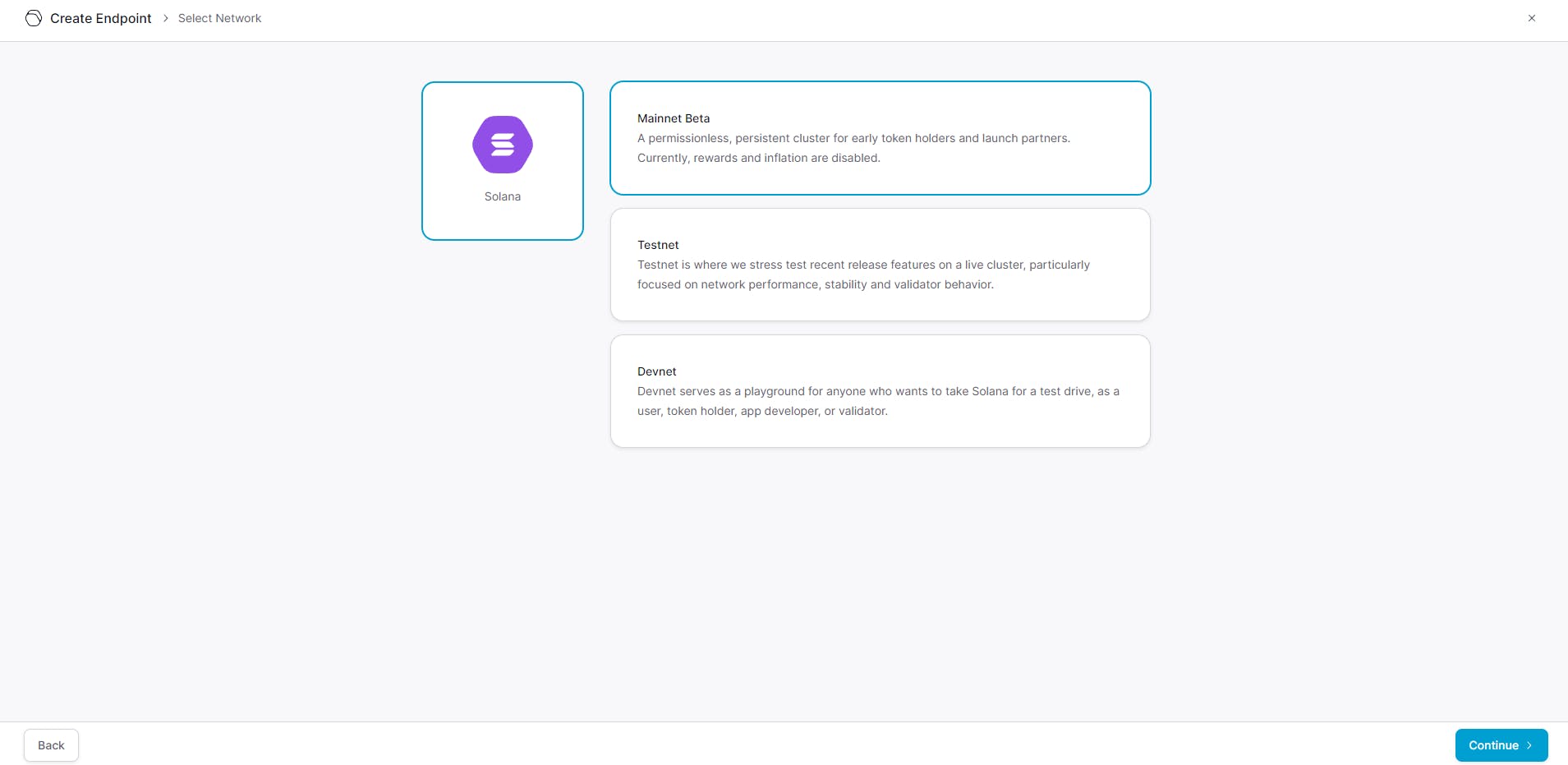 Screenshot of the QuickNode platform to select the desired version of the blockchain