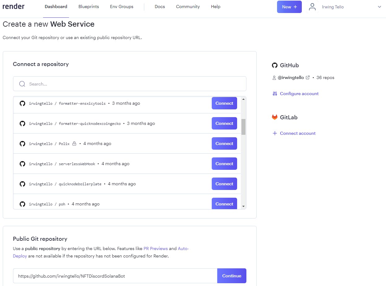 Dashboard from render.com to obtain the code from the bot, and subsequently, perform the necessary configuration tasks