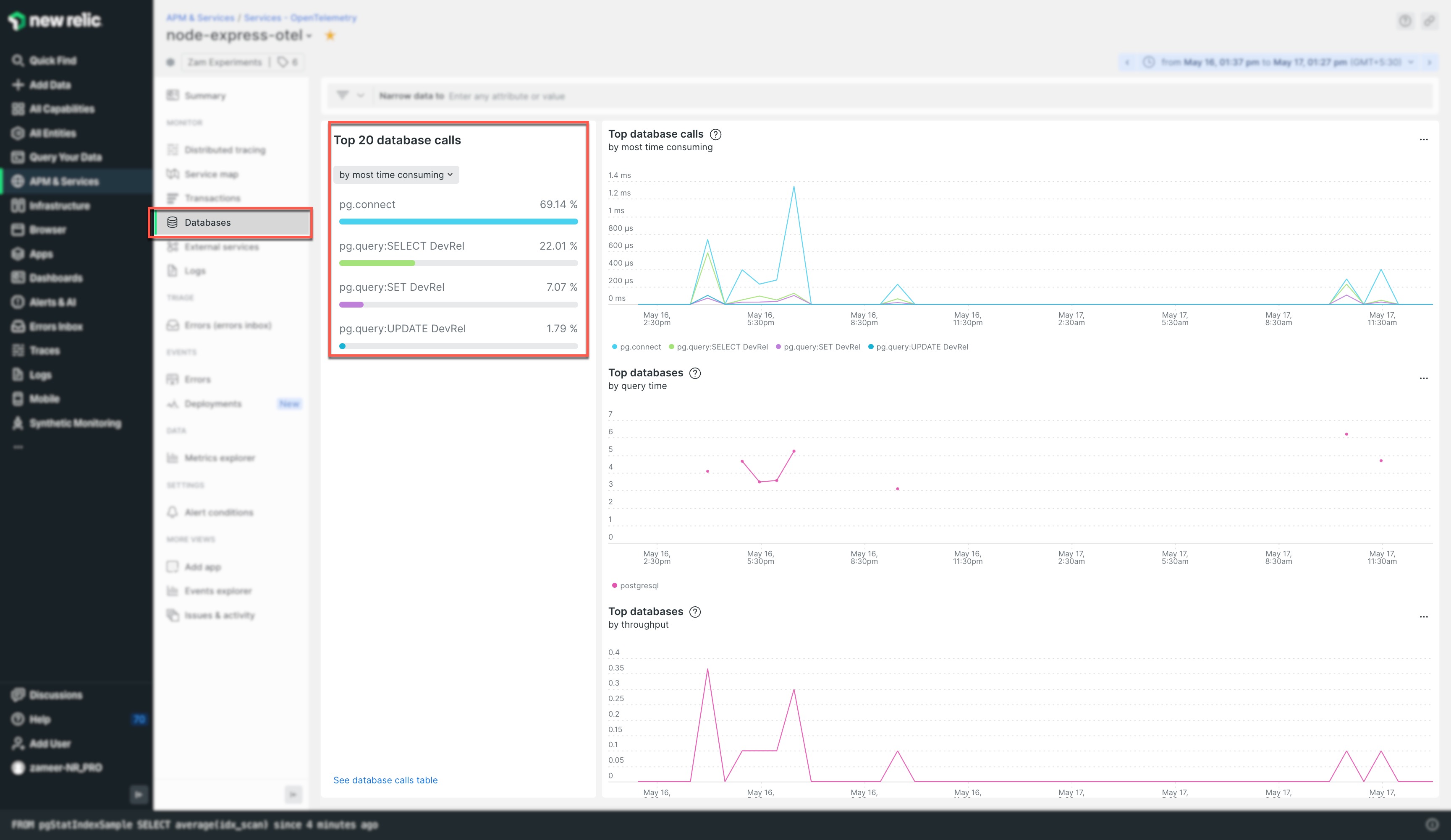 Screenshot of Top 20 database calls in New Relic