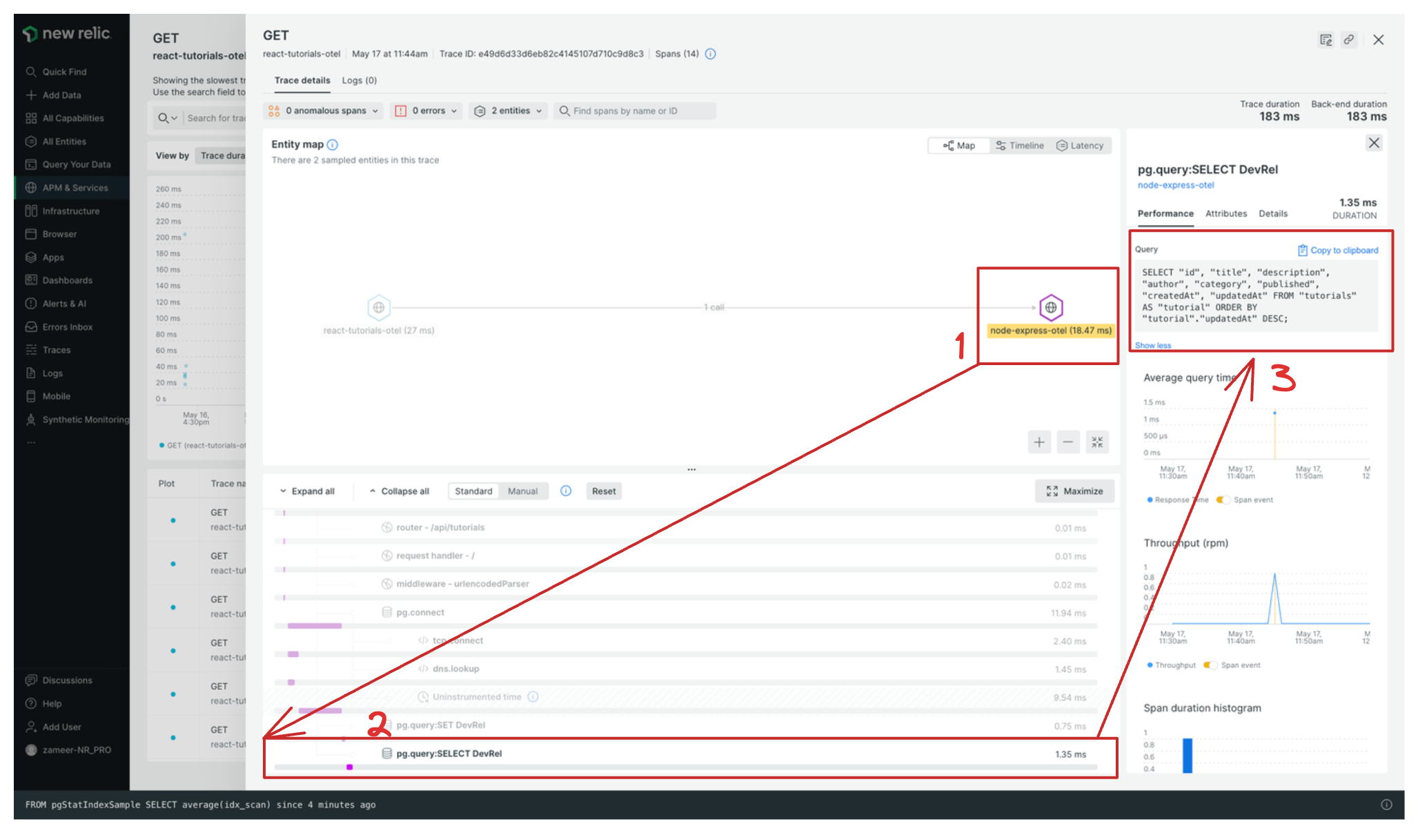 Screenshot of New Relic entity map for a trace, span details, and query for the HTTP call