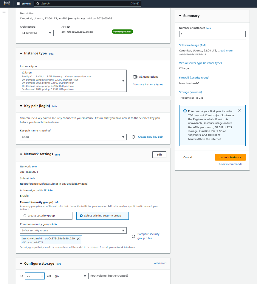 A screenshot of the AWS EC2 "Launch New Instance" page which shows a summary of the options you've selected, like instance type, security group, storage, etc.