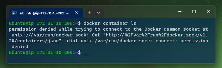 Screenshot of the Permission Denied Error when you run docker commands without root access