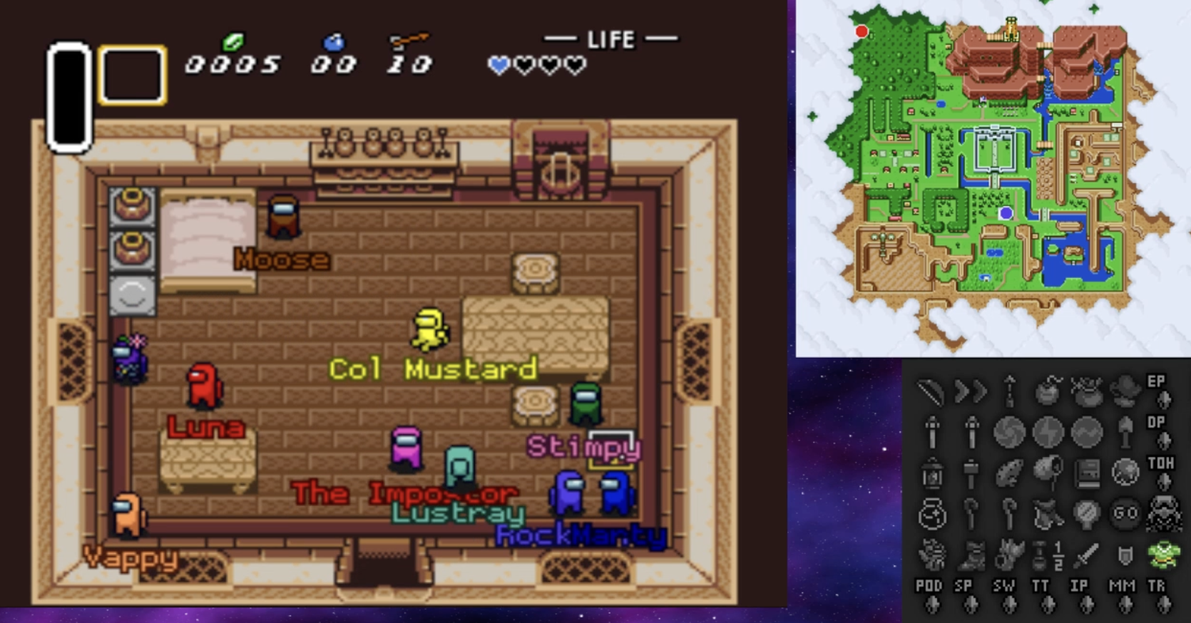 alttpo screenshot showing 10 players all with custom sprites