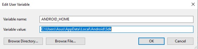 Give the variable name as ANDROID_HOME and set the value as C:sersUSER_NAME>ppDataocalndroiddk