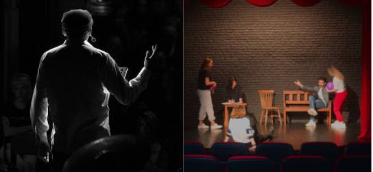 A split-screen image showing a traditional storytelling scene on one side and actors performing in interactive theater on the other, representing the comparison between procedural programming and object-oriented programming.