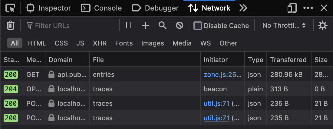 Traces in Network Tab