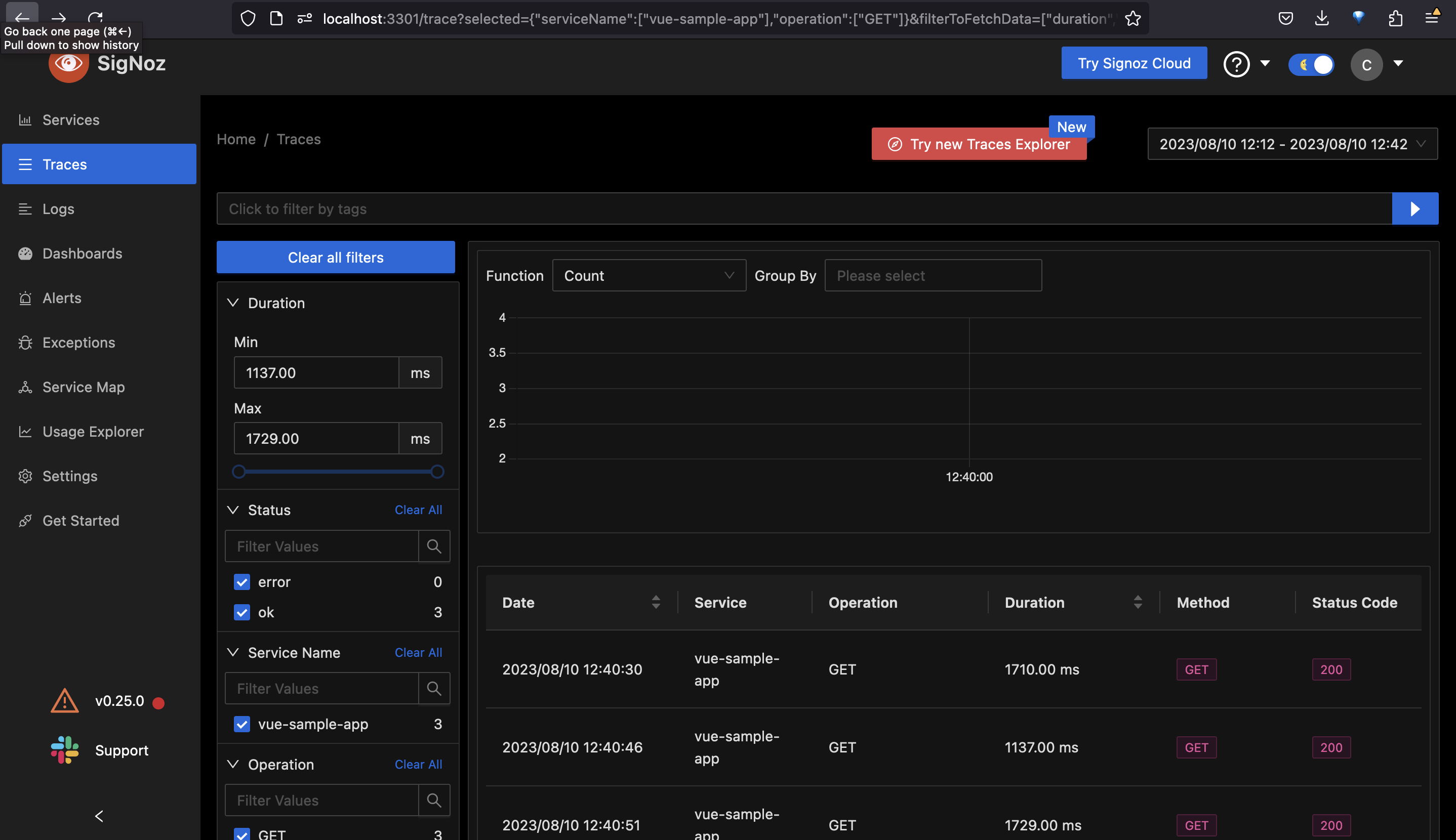 Analyze tracing data using SigNoz