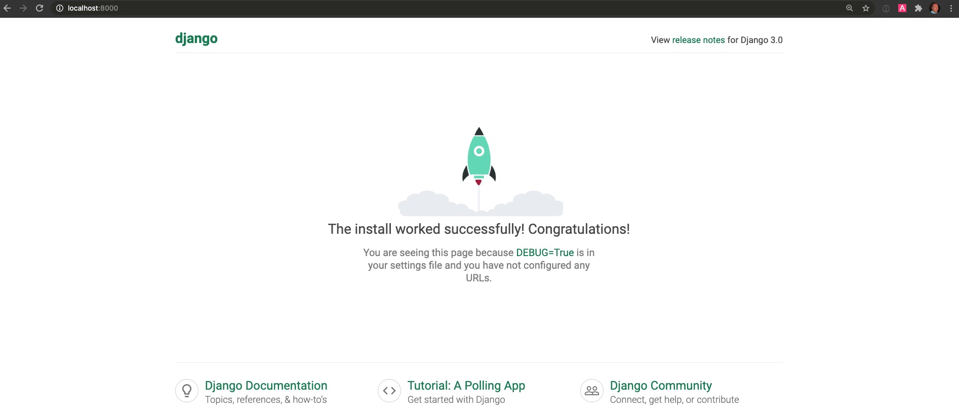 This page after running the development server at localhost:8000 the first time shows you, the whole process was successful.